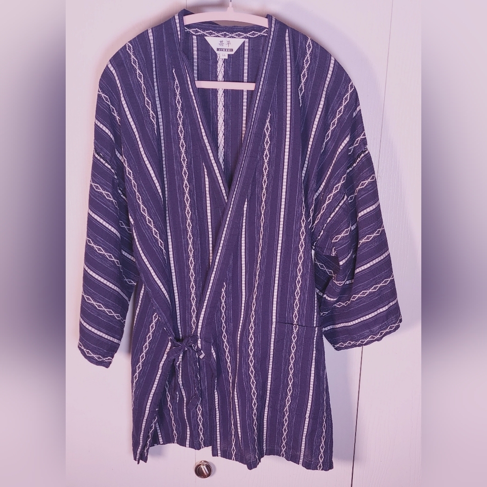 Japanese Kimono Cotton Cardigan Jacket Kimono Japan Textured Size LL Blue Stripe - Picture 14 of 16